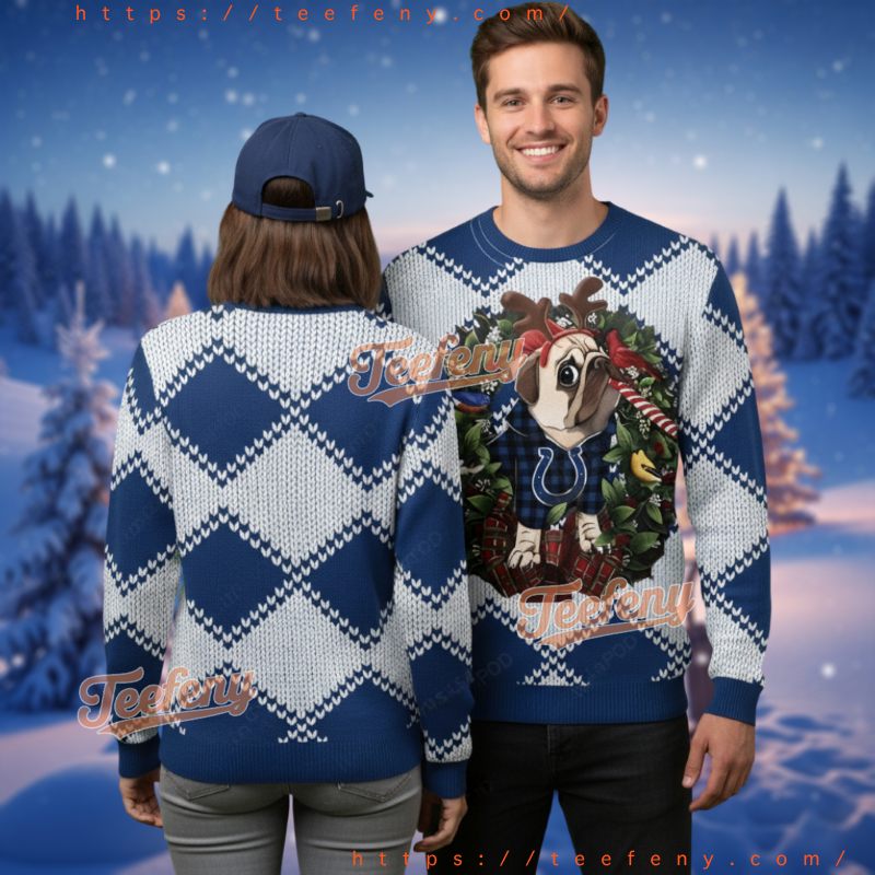 Indianapolis Colts Pug Dog Ugly Christmas Sweater Holiday Wreath