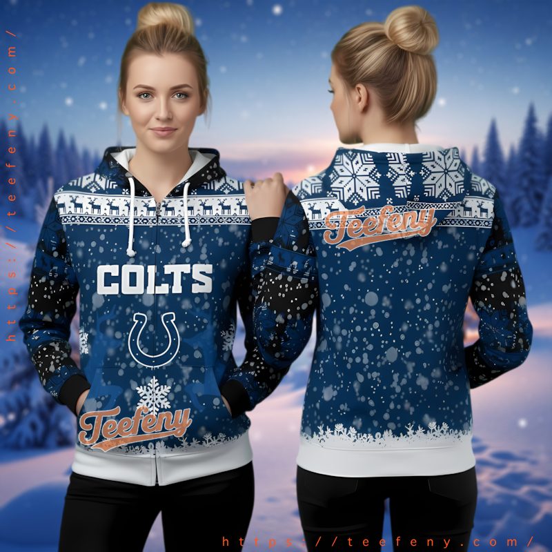 Indianapolis Colts Snowflake Deer Ugly Christmas 3D Hoodie Full Zip