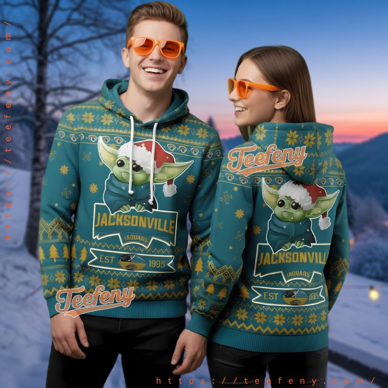 Jacksonville Jaguars Christmas Grogu Santa Hat Ugly 3D Hoodie Jacksonville Jaguars Christmas Grogu Santa Hat Ugly 3D Hoodie
