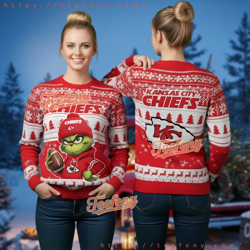 Kansas City Chiefs Grinch Holding Football Ugly Christmas 3D Sweater