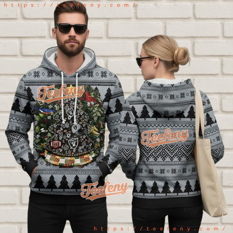 Las Vegas Raiders Christmas Birds Wreath Ugly 3D Pullover Hoodie