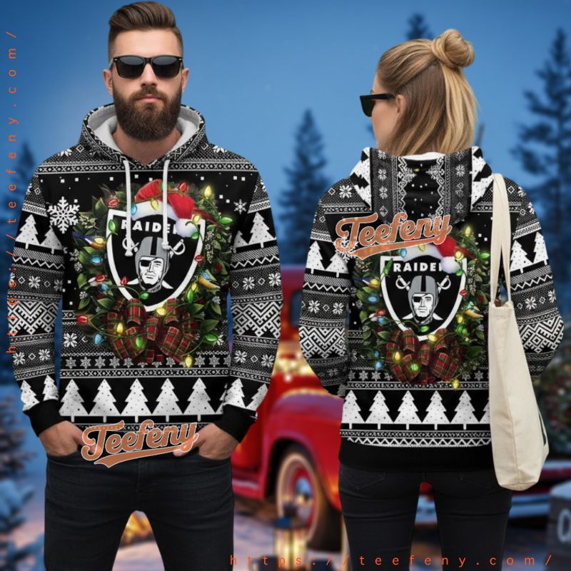 Las Vegas Raiders Christmas Lights Wreath Ugly 3D Pullover Hoodie