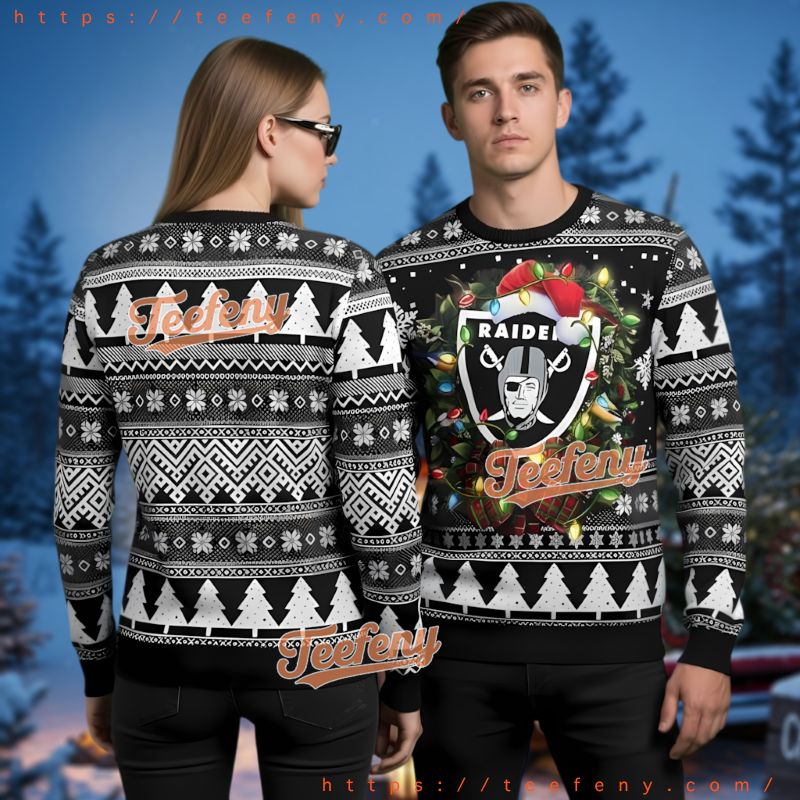 Las Vegas Raiders Festive Wreath Ugly Christmas Sweater Santa Hat