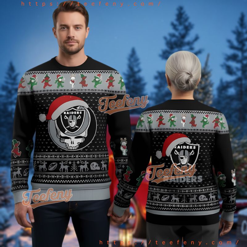 Las Vegas Raiders Grateful Dead Ugly Christmas Sweater Black Grey