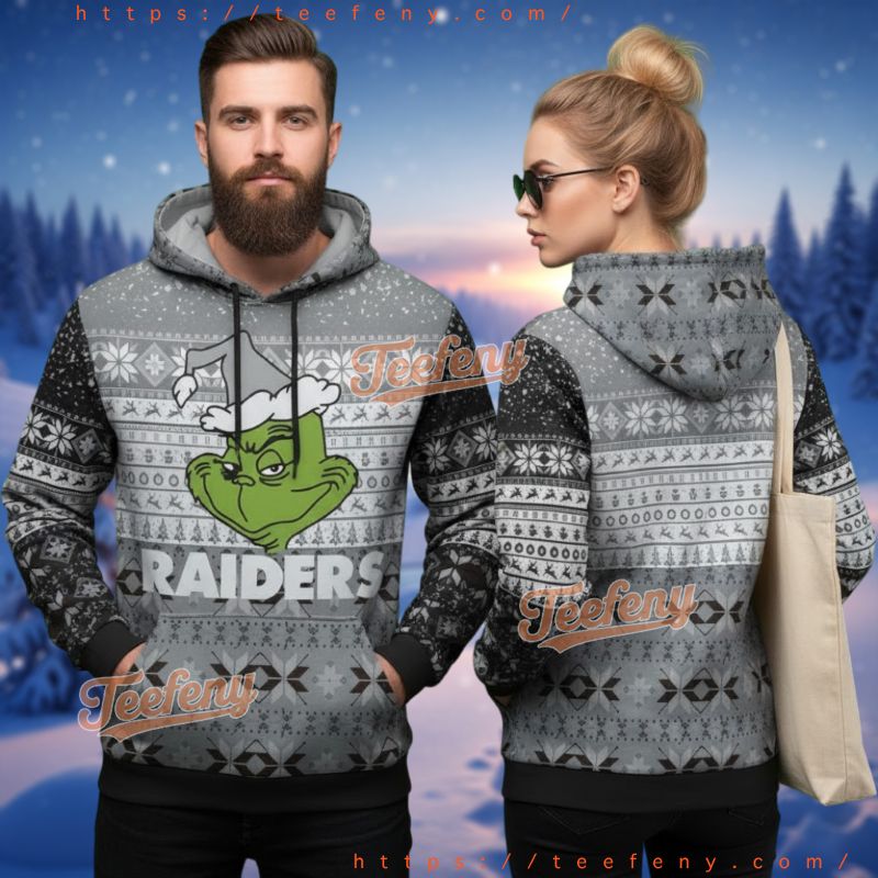 Las Vegas Raiders Grinch Face Holiday Ugly 3D Hoodie Las Vegas Raiders Grinch Face Holiday Ugly 3D Hoodie
