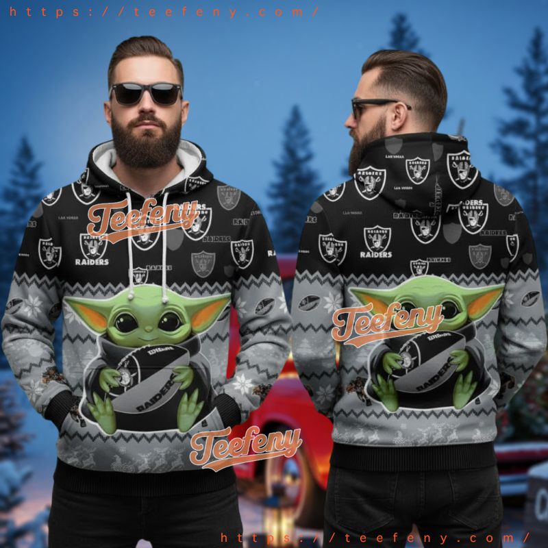 Las Vegas Raiders Grogu Christmas Grey Ugly 3D Hoodie Las Vegas Raiders Grogu Christmas Grey Ugly 3D Hoodie