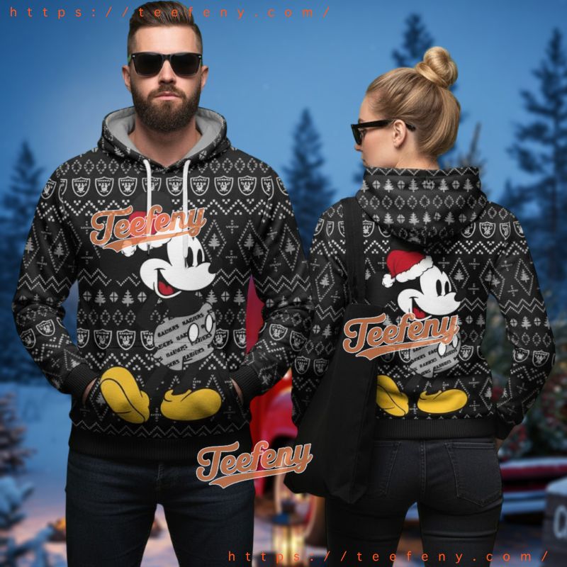 Las Vegas Raiders Mickey Mouse Santa Hat Ugly 3D Hoodie Black Las Vegas Raiders Mickey Mouse Santa Hat Ugly 3D Hoodie Black