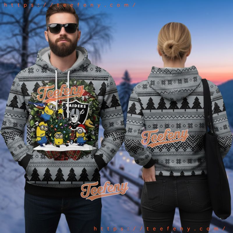 Las Vegas Raiders Minions Christmas Wreath Ugly 3D Hoodie Las Vegas Raiders Minions Christmas Wreath Ugly 3D Hoodie