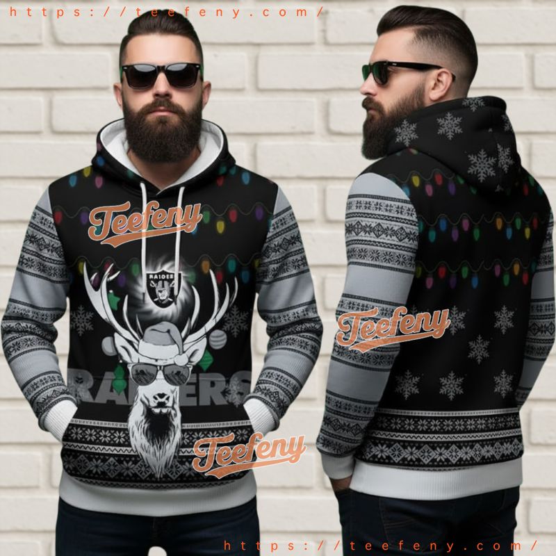 Las Vegas Raiders Reindeer With Glasses Ugly 3D Hoodie Las Vegas Raiders Reindeer With Glasses Ugly 3D Hoodie