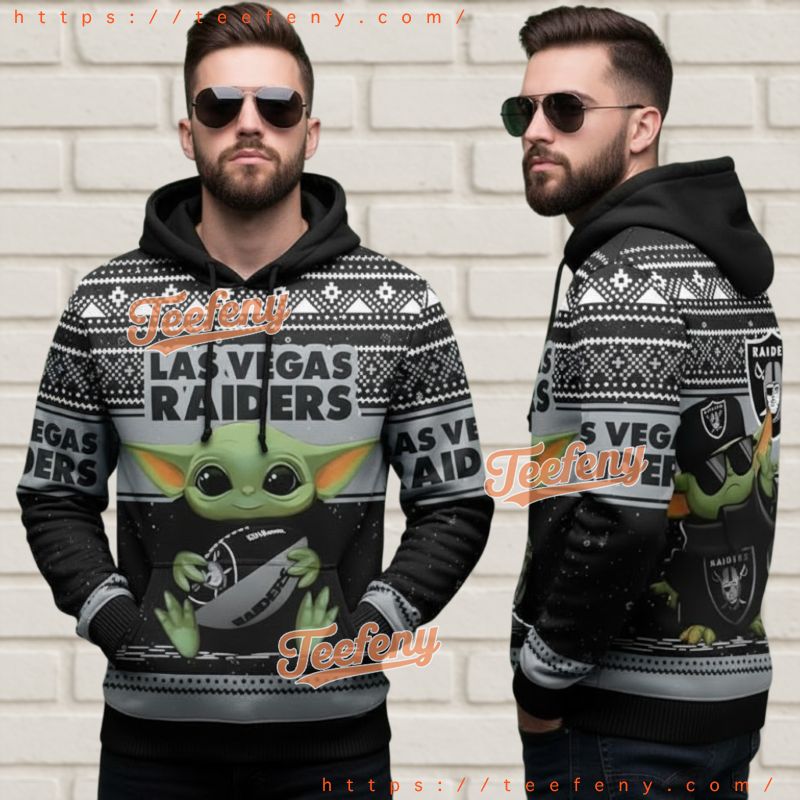 Las Vegas Raiders Star Wars Ugly 3D Hoodie Grogu Football Design Las Vegas Raiders Star Wars Ugly 3D Hoodie Grogu Football Design
