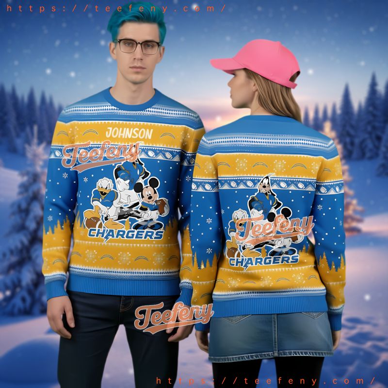 Los Angeles Chargers Disney Characters Ugly Christmas Sweater Custom Name