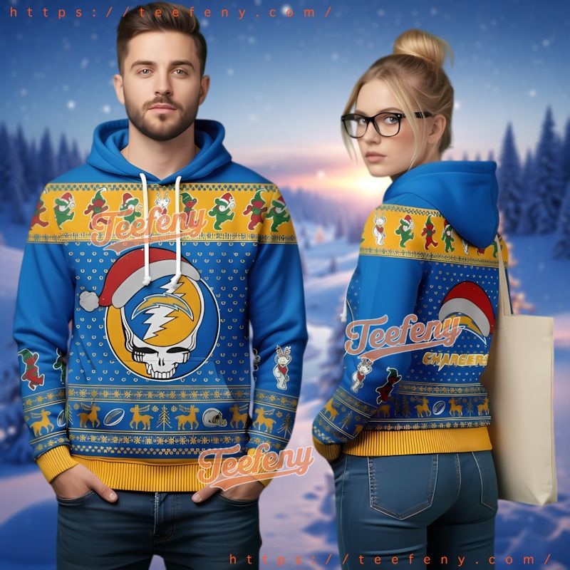 Los Angeles Chargers Grateful Dead Christmas Ugly 3D Hoodie Blue