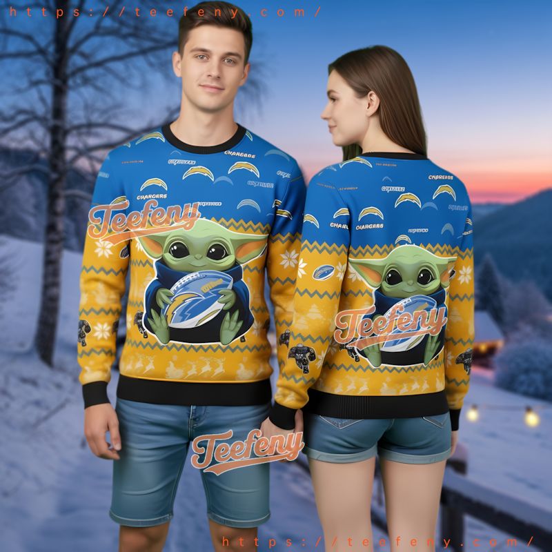 Los Angeles Chargers Grogu Hugging Football Ugly Christmas Sweater