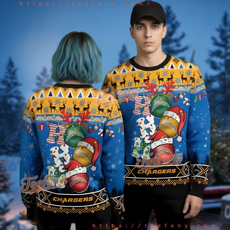 Los Angeles Chargers Ho Ho Ho Ugly Christmas Sweater Blue Yellow