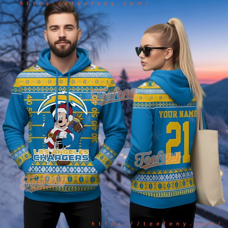 Los Angeles Chargers Mickey Christmas Ugly 3D Hoodie Custom Name Number