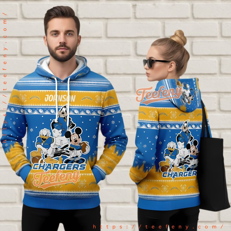 Los Angeles Chargers Mickey Donald Goofy Ugly Christmas 3D Hoodie