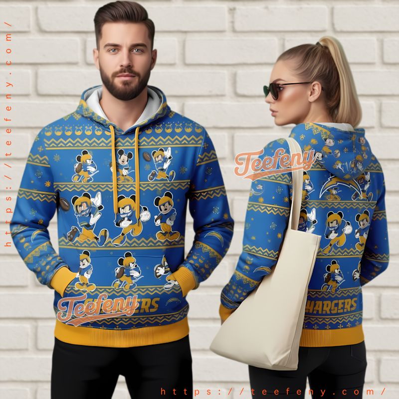Los Angeles Chargers Mickey Mouse Ugly 3D Hoodie Blue Yellow Los Angeles Chargers Mickey Mouse Ugly 3D Hoodie Blue Yellow