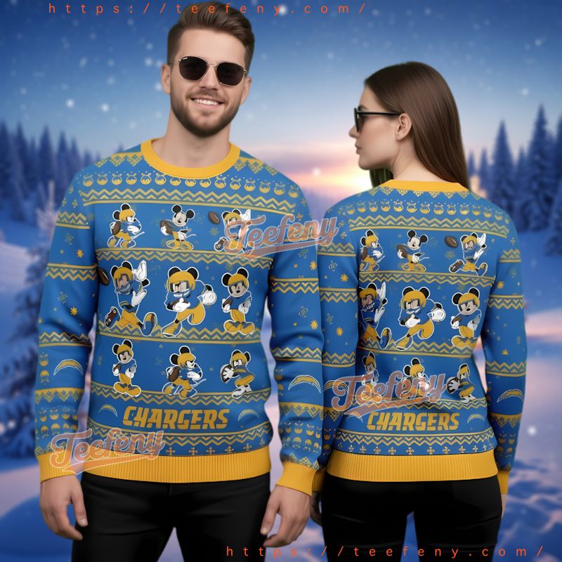 Los Angeles Chargers Mickey Mouse Ugly Christmas Sweater Blue Yellow