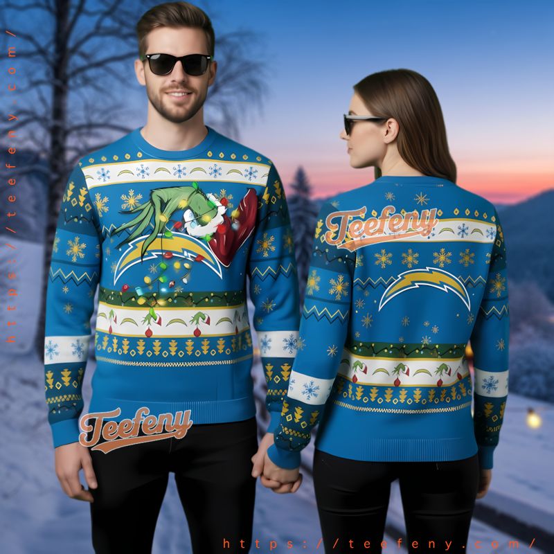 Los Angeles Chargers Nfl Grinch Hand Christmas Lights Ugly Sweater