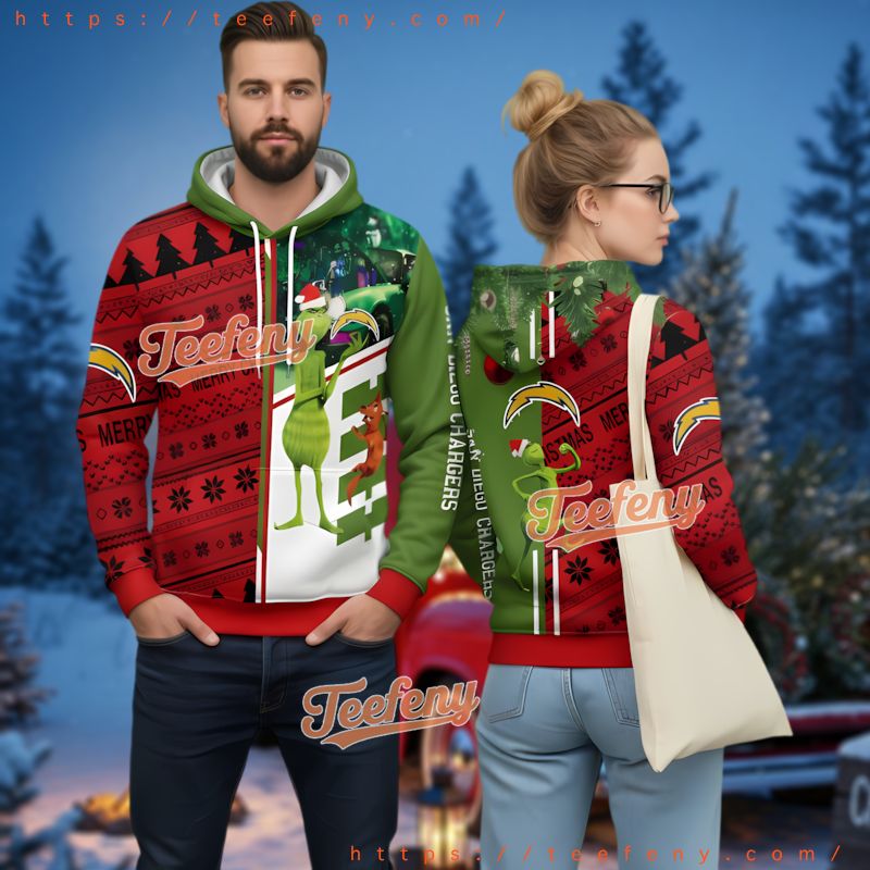 Los Angeles Chargers The Grinch Ugly 3D Zip Hoodie Men Women Los Angeles Chargers The Grinch Ugly 3D Zip Hoodie Men Women