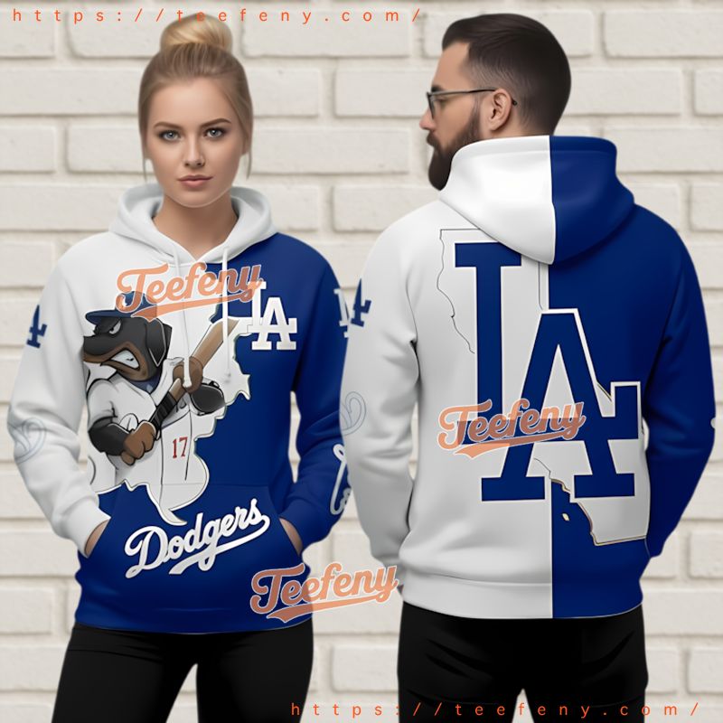 Los Angeles Dodgers Dog Mascot 3D Hoodie White Blue Split Los Angeles Dodgers Dog Mascot 3D Hoodie White Blue Split