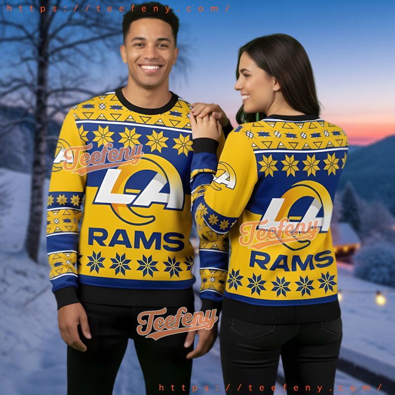 Los Angeles Rams Blue Yellow Ugly Christmas Sweater Snowflake Theme