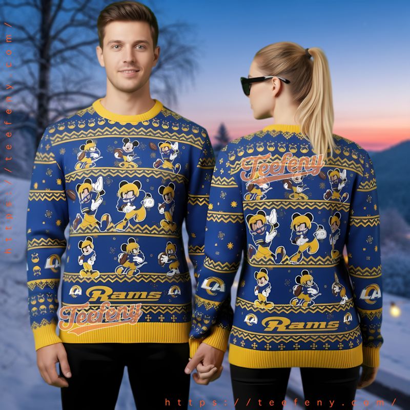 Los Angeles Rams Football Mickey Ugly Christmas Sweater Blue Yellow