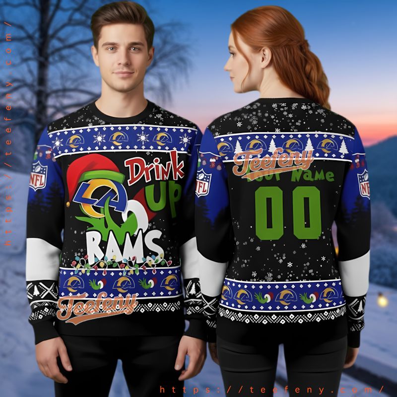 Los Angeles Rams Grinch Drink Up Personalized Ugly Christmas Sweater