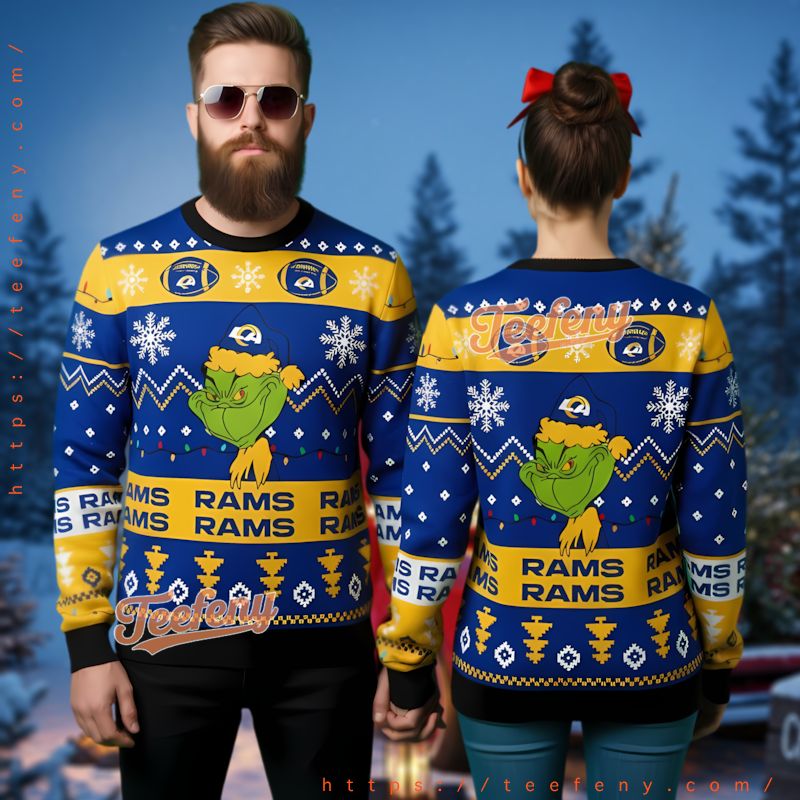 Los Angeles Rams Grinch Face Ugly Christmas Sweater Holiday Fan