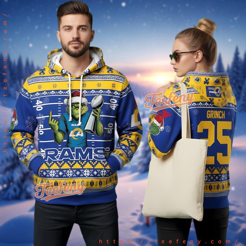 Los Angeles Rams Grinch Super Bowl Ugly Christmas 3D Hoodie Los Angeles Rams Grinch Super Bowl Ugly Christmas 3D Hoodie