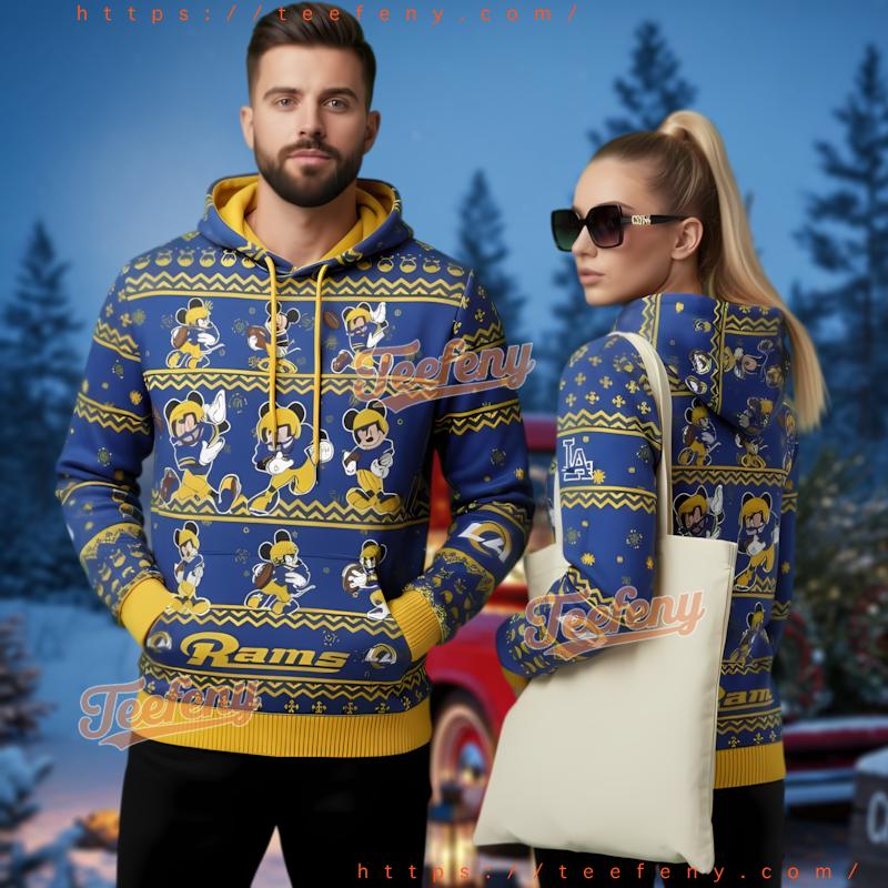 Los Angeles Rams Mickey Mouse Football Ugly Christmas 3D Hoodie Los Angeles Rams Mickey Mouse Football Ugly Christmas 3D Hoodie
