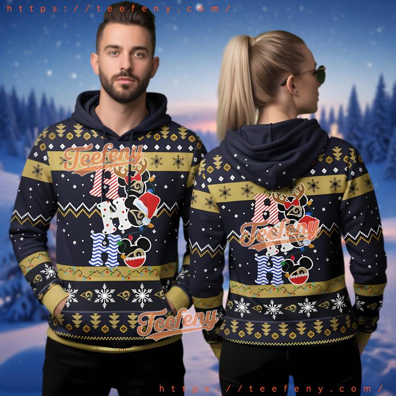 Los Angeles Rams Mickey Mouse Ugly Christmas 3D Hoodie Ho Ho Ho Los Angeles Rams Mickey Mouse Ugly Christmas 3D Hoodie Ho Ho Ho