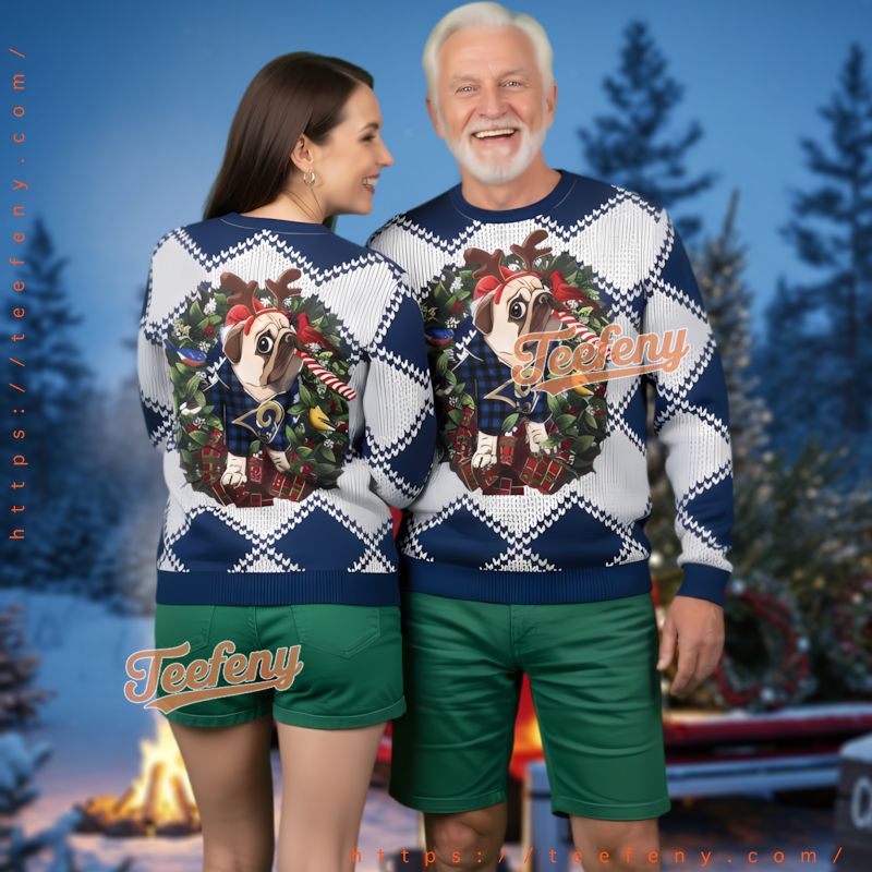 Los Angeles Rams Pug Dog Christmas Wreath Ugly Sweater