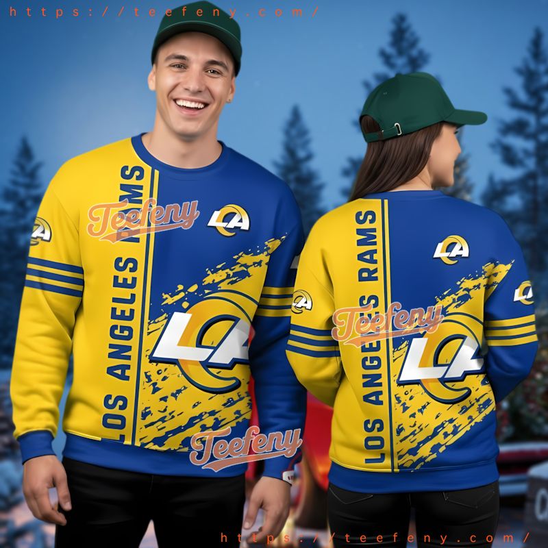 Los Angeles Rams Split Color Ugly Christmas Sweater Blue Yellow