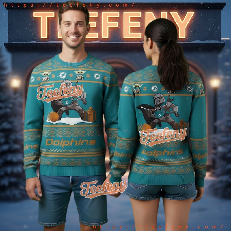 Miami Dolphins Baby Yoda Mandalorian Ugly Christmas Sweater Miami Dolphins Baby Yoda Mandalorian Ugly Christmas Sweater