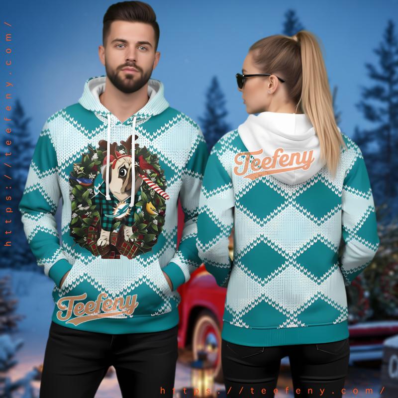 Miami Dolphins Bulldog Wreath 3D Ugly Christmas Hoodie Nfl