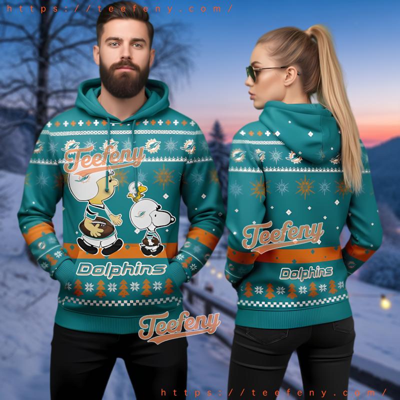 Miami Dolphins Charlie Brown Snoopy Ugly Christmas 3D Hoodie