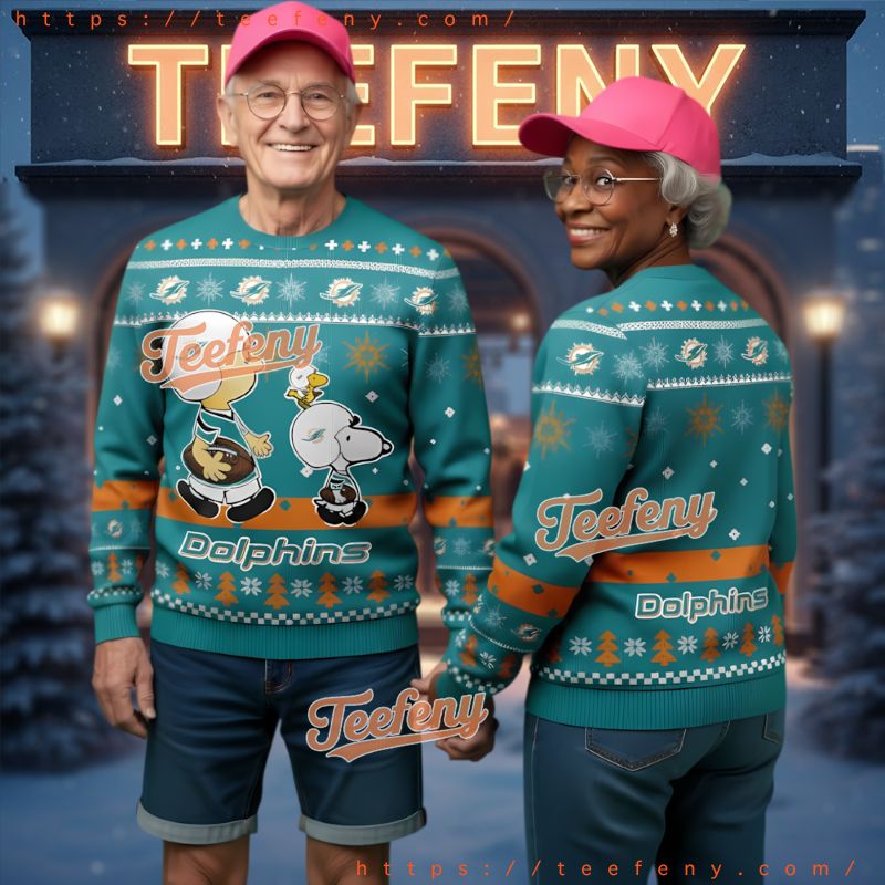 Miami Dolphins Charlie Brown Snoopy Woodstock Ugly Christmas Sweater Miami Dolphins Charlie Brown Snoopy Woodstock Ugly Christmas Sweater