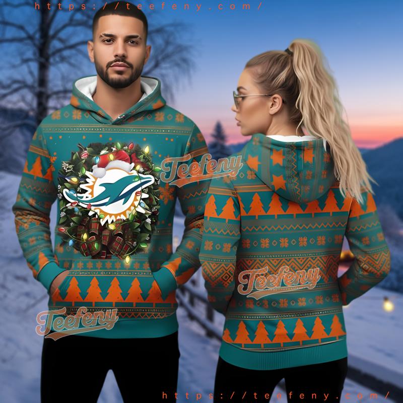 Miami Dolphins Christmas Wreath Logo Ugly Christmas Hoodie 3D Festive Gear