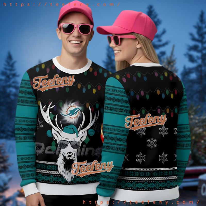 Miami Dolphins Cool Reindeer Sunglasses Ugly Christmas Sweater