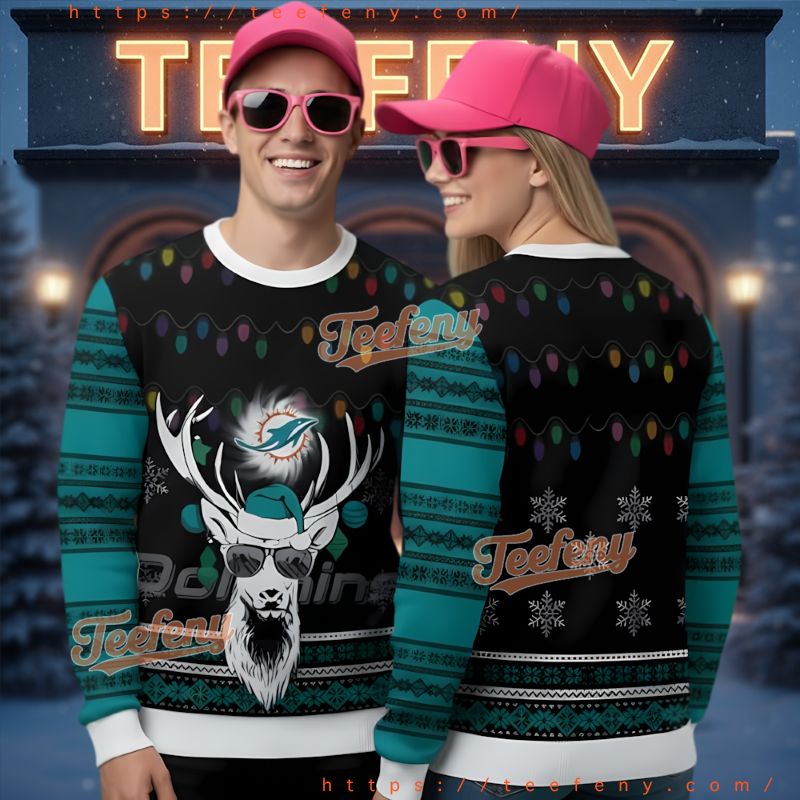 Miami Dolphins Cool Reindeer Sunglasses Ugly Christmas Sweater Miami Dolphins Cool Reindeer Sunglasses Ugly Christmas Sweater