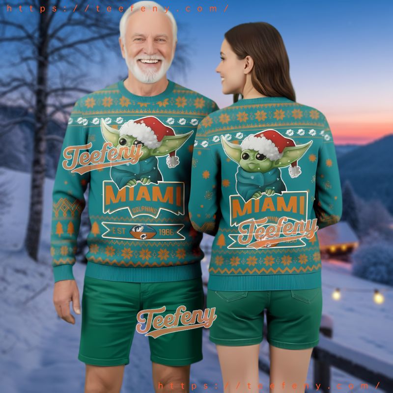 Miami Dolphins Cute Grogu Christmas Ugly Sweater