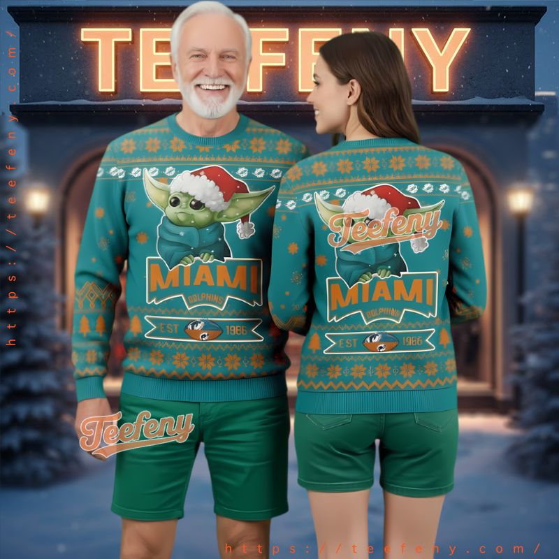 Miami Dolphins Cute Grogu Christmas Ugly Sweater Miami Dolphins Cute Grogu Christmas Ugly Sweater