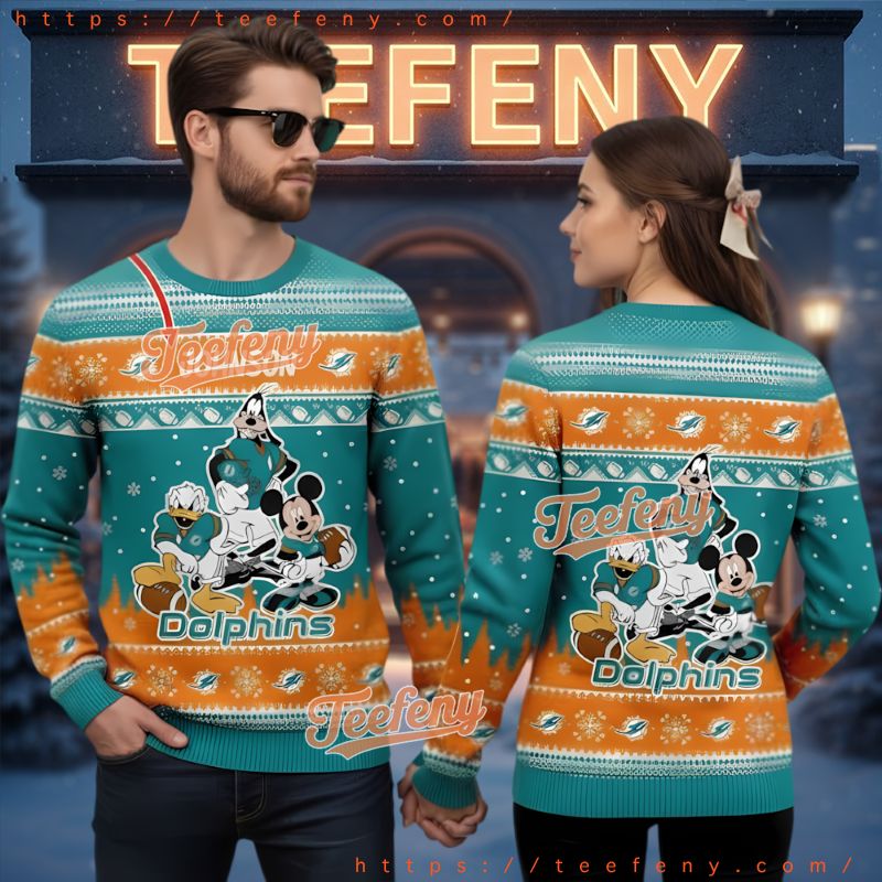 Miami Dolphins Disney Mickey Donald Goofy Ugly Christmas Sweater Miami Dolphins Disney Mickey Donald Goofy Ugly Christmas Sweater