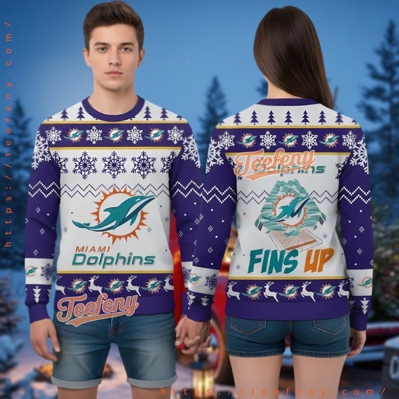 Miami Dolphins Fins Up Holiday Christmas Sweater Purple White