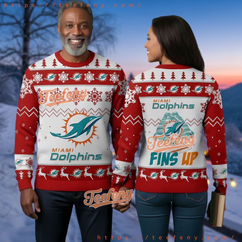 Miami Dolphins Fins Up Red White Ugly Christmas Sweater