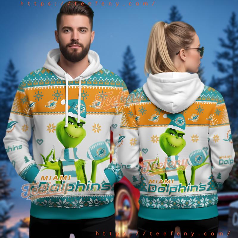 Miami Dolphins Football Grinch Mascot 3D Ugly Christmas Hoodie