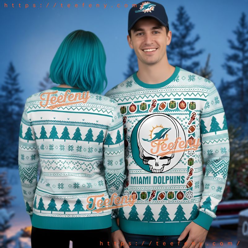 Miami Dolphins Grateful Dead Stealie Ugly Christmas Sweater