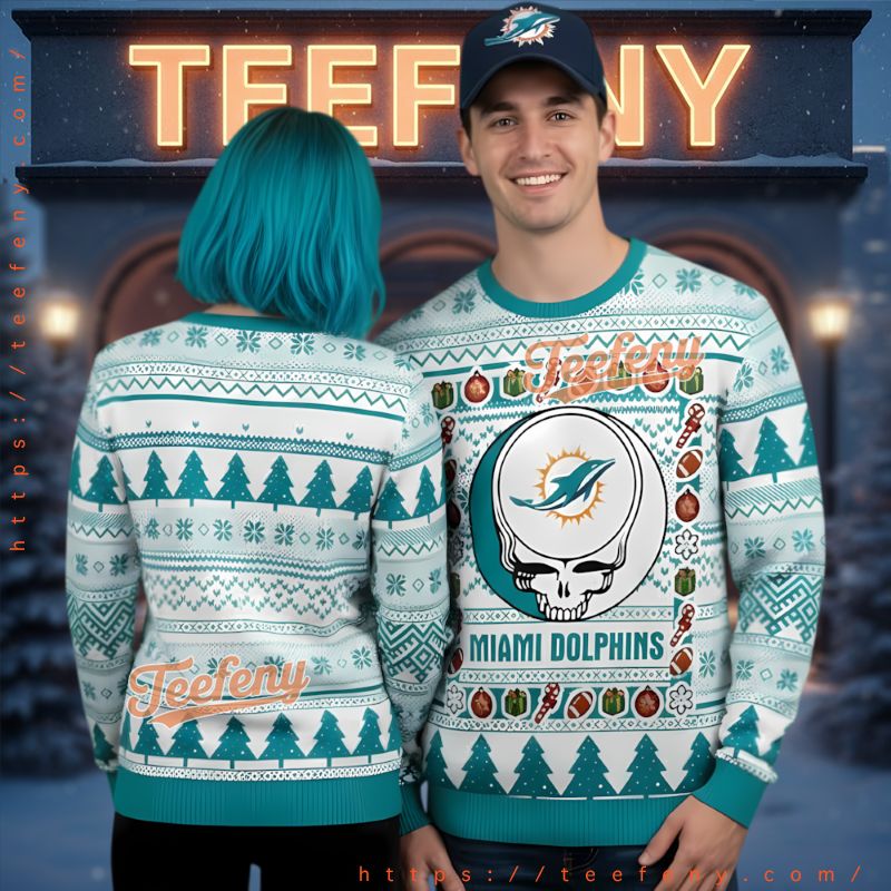 Miami Dolphins Grateful Dead Stealie Ugly Christmas Sweater Miami Dolphins Grateful Dead Stealie Ugly Christmas Sweater