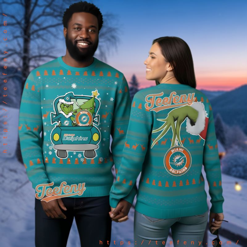 Miami Dolphins Grinch Driving Christmas Tree Ugly Sweater
